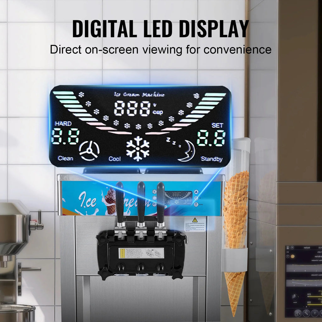 KFFKFF 3-Flavor Commercial Ice Cream Machine 21-31 L/H Soft Serve Ice Cream Maker 2 5.5L*2 Cylinder LED Panel and Auto Clean