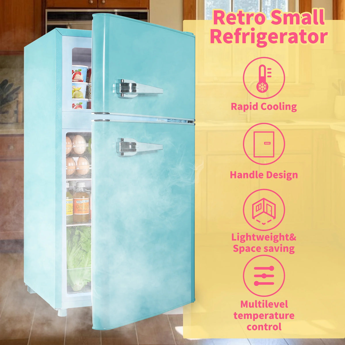 Mini Refrigerator with Double Door/3.5Cu.ft/Freezer,for Gameroom/Bedroom/Apartment/Dorm,Blue