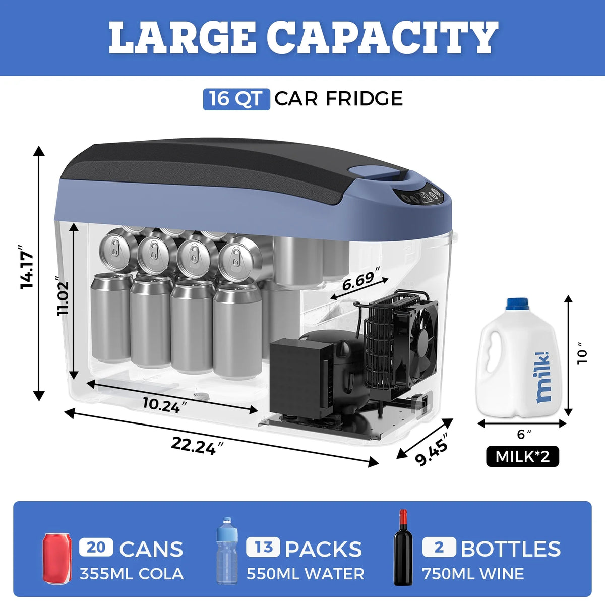 Setpower AB15 12 Volt Refrigerator,16 Quart(15L) Electric Cooler,Portable Car Refrigerator RV Fridge,12v Cooler for Camping,Travel,RV,Vehicles,MPV,SUV,Van;3-Year Warranty (Blue)