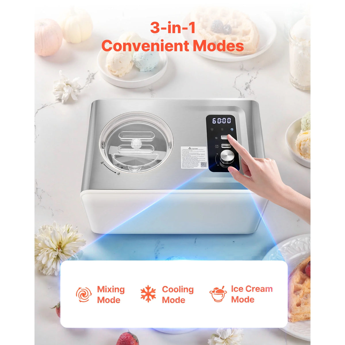 KFFKFF Automatic Ice Cream Maker with Built-in Compressor, 2-Quart Capacity, Stainless Steel Electric Gelato and Sorbet Machine, 3 Modes for Home Use