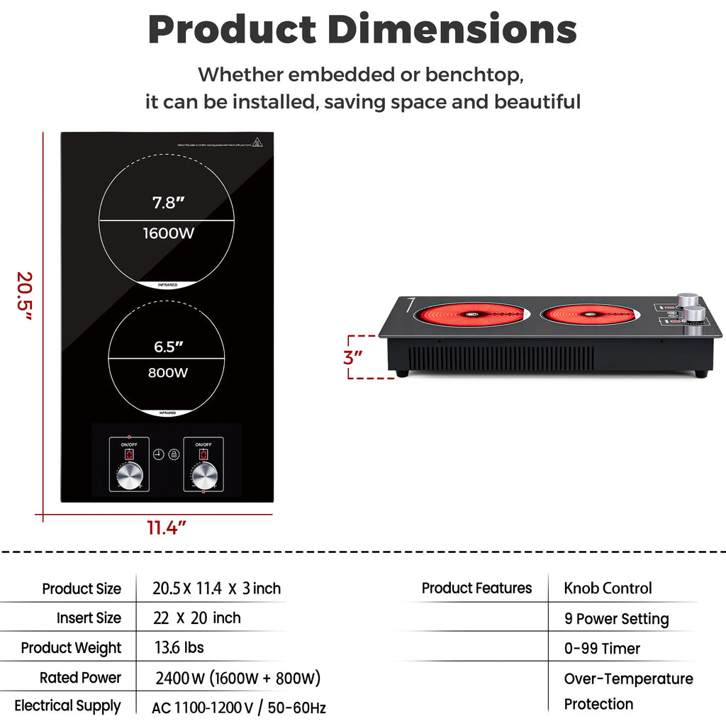 Advwin 2 Burner Electric Cooktop,110v Electric Cooktop with Knob Control,12 Inch Countertop & Built-in Ceramic Cooktop with Child Safety Lock, Timer, 9 Power Levels and Over-Temperature Protection