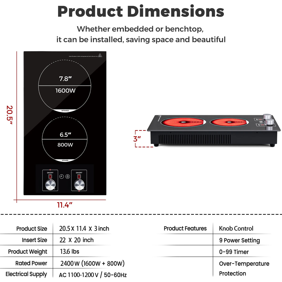Advwin 2 Burner Electric Cooktop,110v Electric Cooktop with Knob Control,12 Inch Countertop & Built-in Ceramic Cooktop with Child Safety Lock, Timer, 9 Power Levels and Over-Temperature Protection