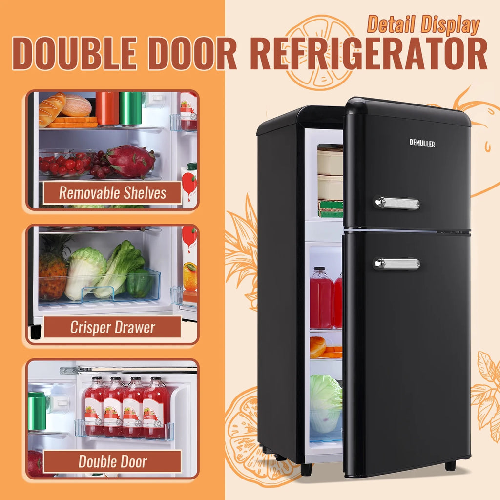 DEMULLER Mini Fridge with Freezer Small Refrigerator Double Door Drinks Holder for Office Black New