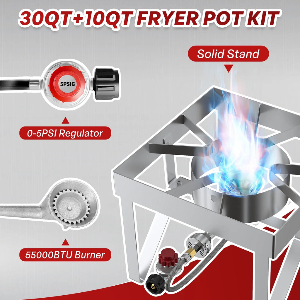 Hidpriva 30QT Stainless Steel Turkey Fryer Pot w/ SS Solid Stand, 55000BTU Propane Burner Stove, Waterproof Cover&12-inch skimmer|Outdoor Deep Fryer Pot