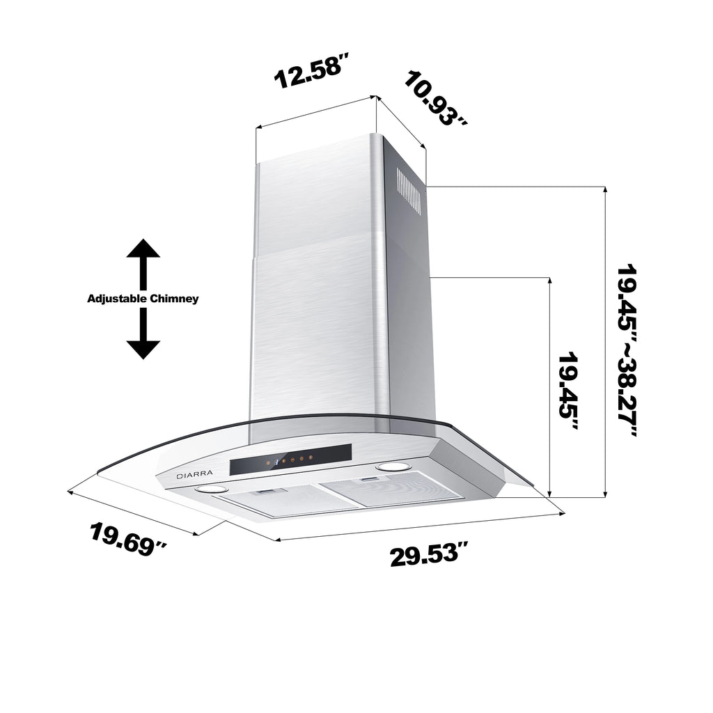 CIARRA Wall Mount Range Hood 30 inch with Tempered Glass 450 CFM Kitchen Vent Hood Ductless Ducted Convertible CAS50275