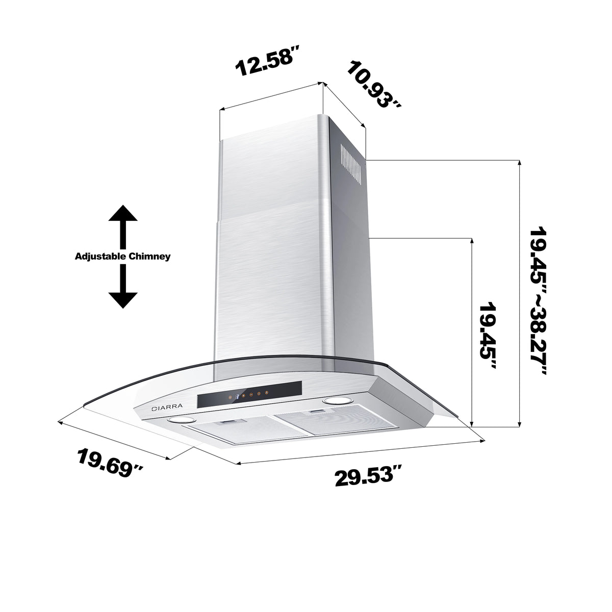CIARRA Wall Mount Range Hood 30 inch with Tempered Glass 450 CFM Kitchen Vent Hood Ductless Ducted Convertible CAS50275