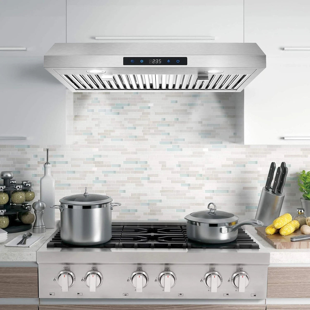 Under Cabinet Range Hood 30 inch Stainless Steel Kitchen Hood 600 CFM Stove Filter Touch Control LED Lights