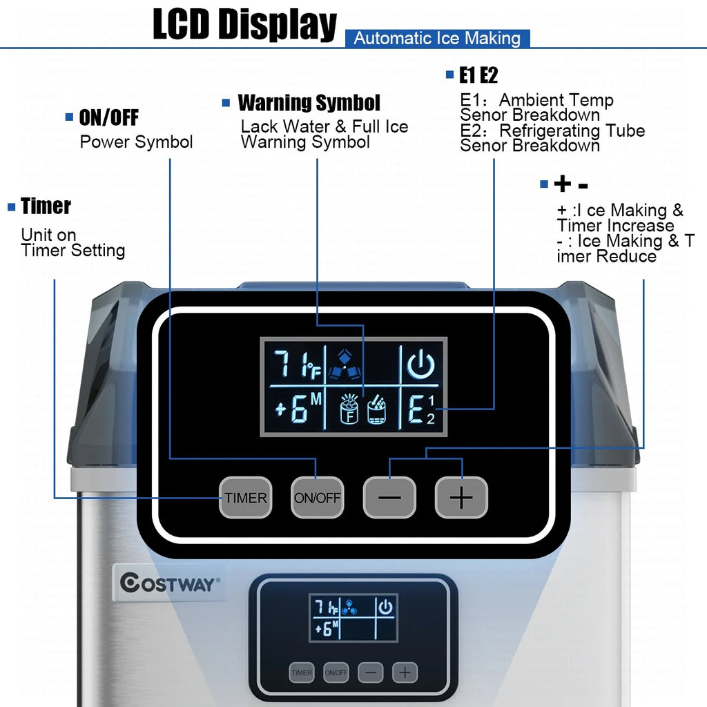 Costway Stainless Steel Ice Maker Machine Countertop 48Lbs/24H Self-Clean with LCD Display