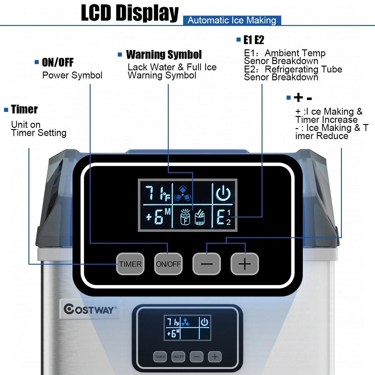 Costway Stainless Steel Ice Maker Machine Countertop 48Lbs/24H Self-Clean with LCD Display