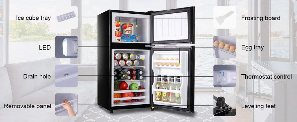 KRIB BLING 3.2 Cubic Feet Double Door Mini Fridge with Freezer, Mini Compact Refrigerator 2 Doors for Dorm, Office, Apartment, RV, Bedroom, Black