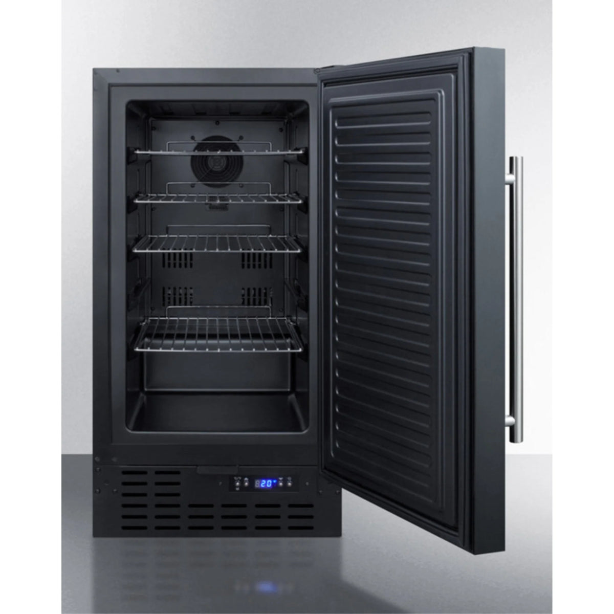 ADA compliant 18" wide frost-free freezer in black for built-in or freestanding use, with lock and digital thermostat