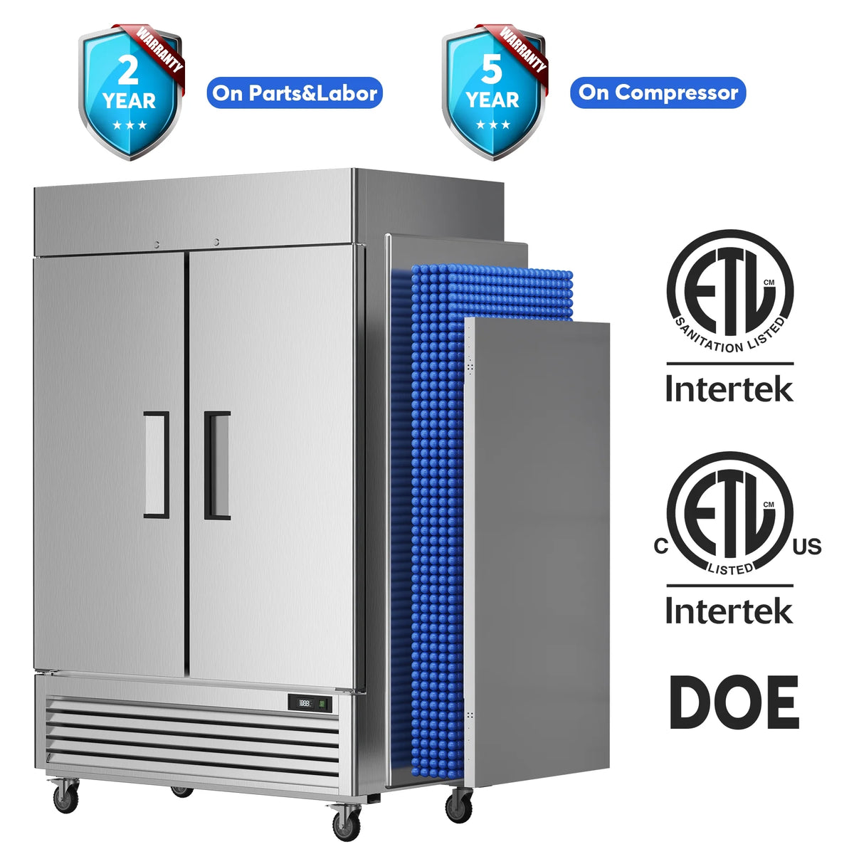 Coolski 54a??a?? Wide Commercial Freezer with 2 Door, Stainless Steel Reach-in Freezer Upright, 49 Cu.Ft Large Capacity ETL NSF Approved