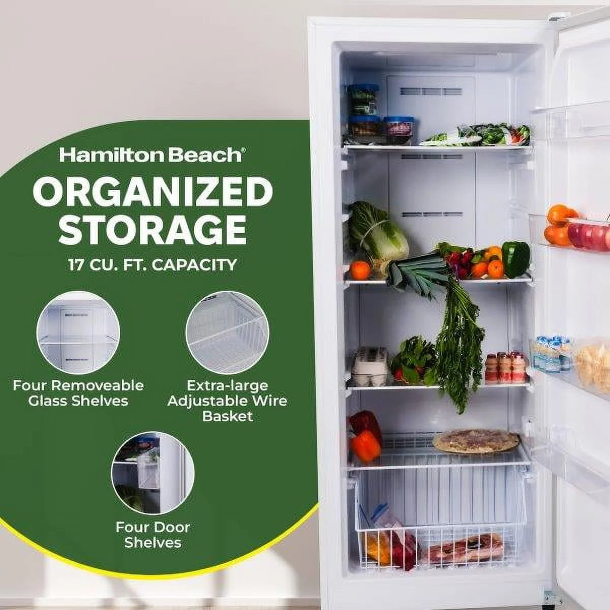 Hamilton Beach 17 cu. ft. Convertible Freezer Refrigerator, Upright Fridge Freezer with Electronic Temperature Control, Energy Efficient White Convertible Fridge - HBFRF1798, White