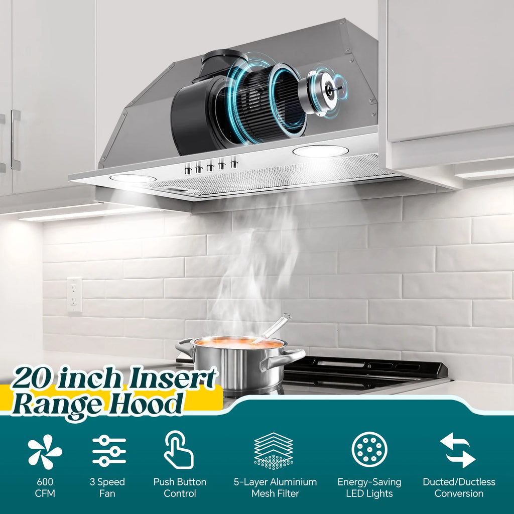 JOEAONZ Range Hood Insert 20 Inch Stainless Kitchen Vent with LED Light Exhaust Fan Button Control