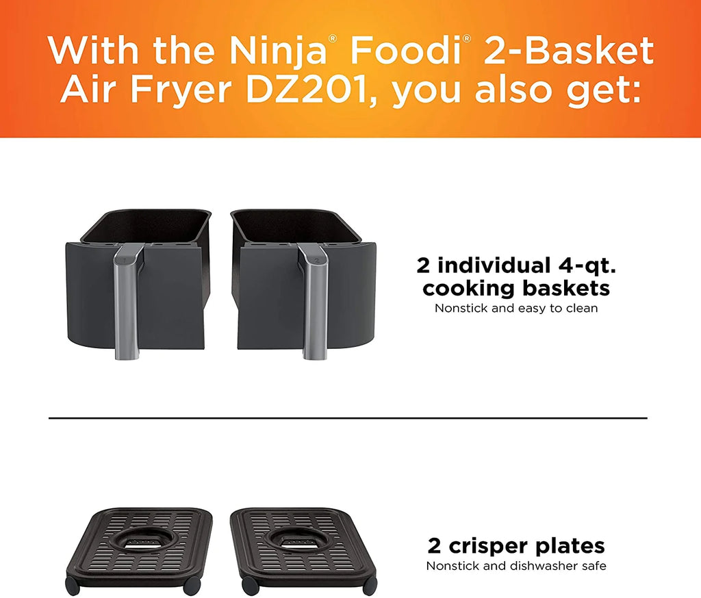 Restored Ninja DZ201 Foodi 6-in-1 2-Basket Air Fryer with DualZone Technology, 8-Quart Capacity, and a Dark Grey Stainless Finish (Refurbished)
