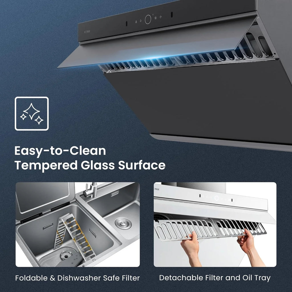 FOTILE Slant Vent Series 30" 1000 CFM Under Cabinet or Wall Mount Range Hood with 2 LED lights, Motion and Touch Activation in Onyx Black Tempered Glass