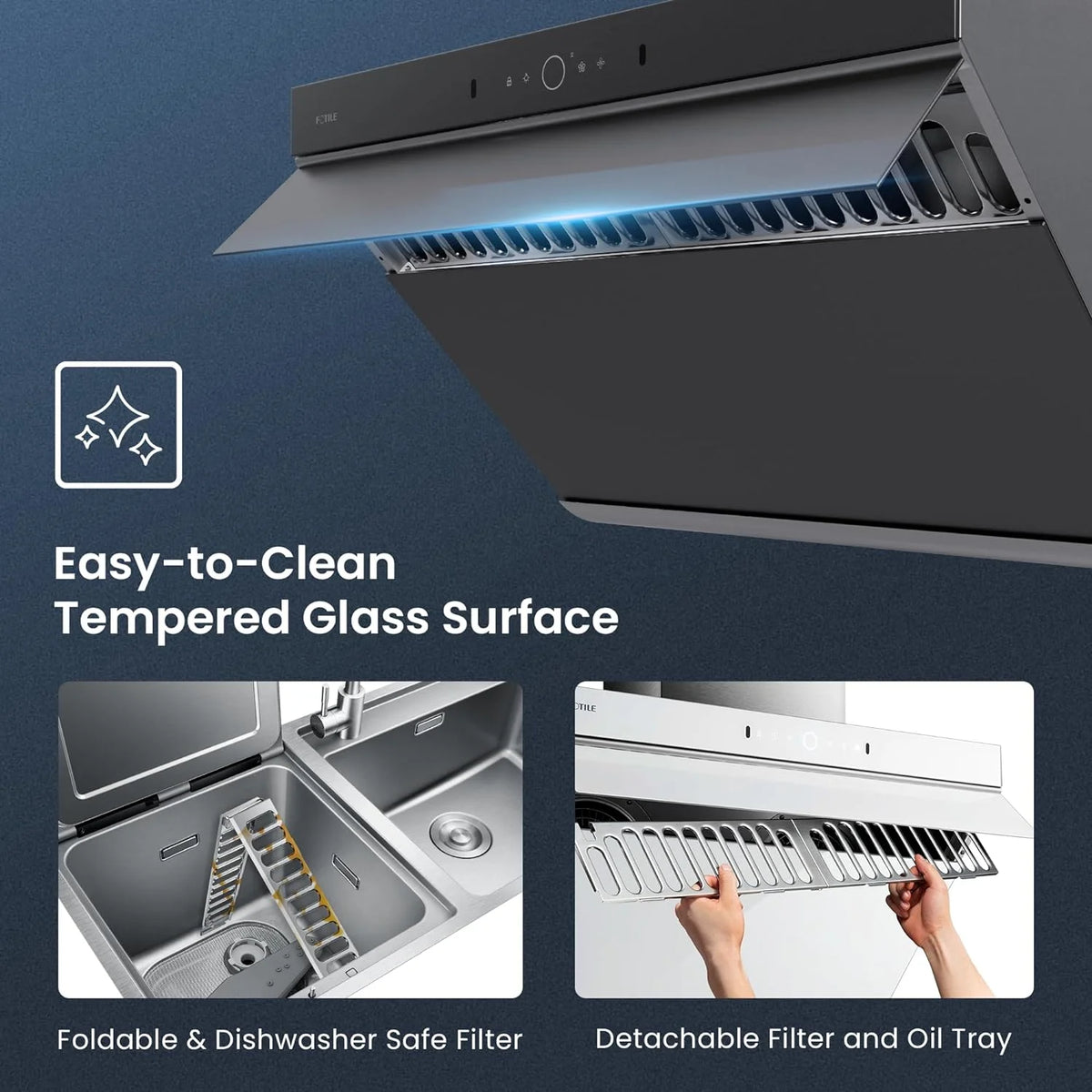 FOTILE Slant Vent Series 30" 1000 CFM Under Cabinet or Wall Mount Range Hood with 2 LED lights, Motion and Touch Activation in Onyx Black Tempered Glass