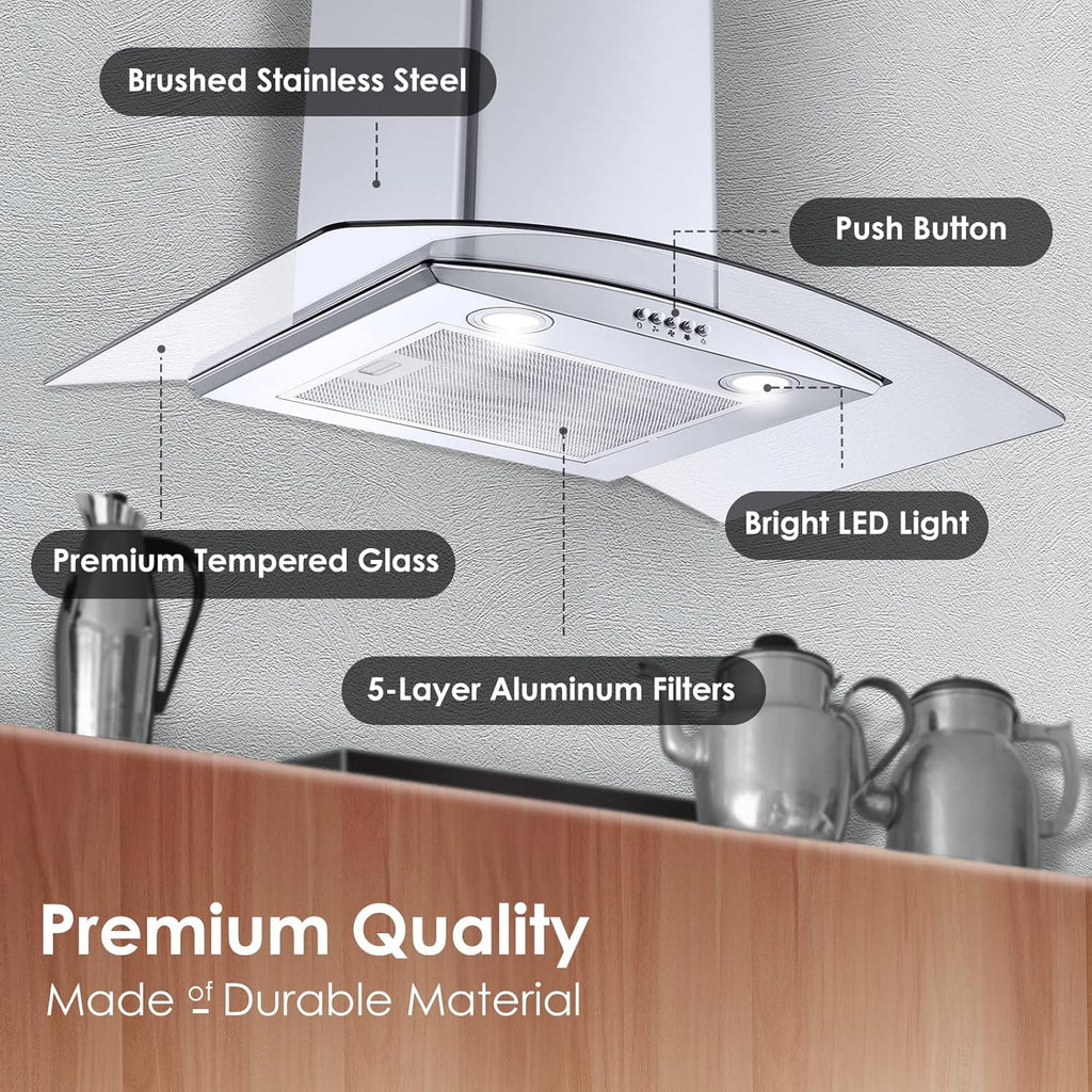 Range Hood 30 Inch, Tieasy Wall Mount Kitchen Hood with Ducted / Ductless Convertible Duct, Stainless Steel Chimney and Aluminum Filters, LED Lights, 3 Speed Fan, Push Button