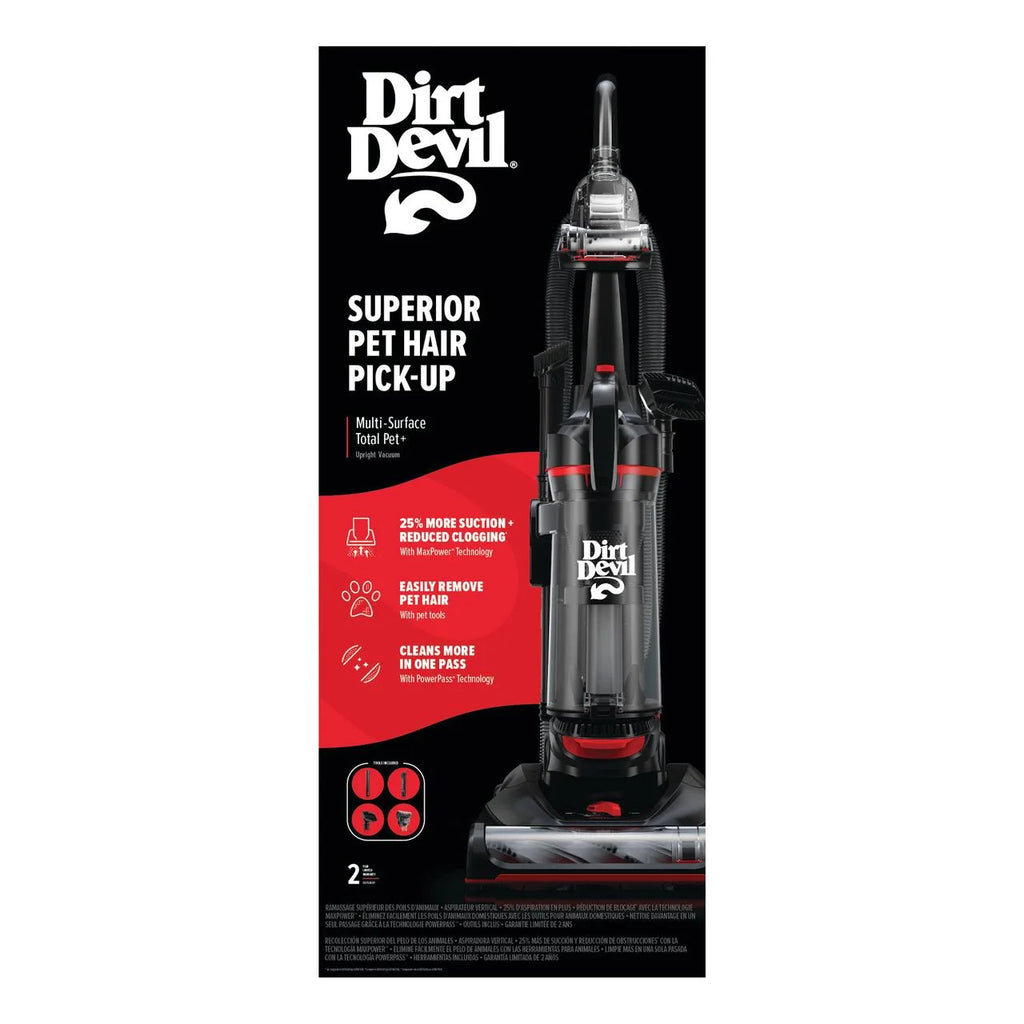 Dirt Devil Upright Vacuum, Multi-Surface Total Pet, Pet Friendly, Powerful Suction, Pet Tool Kit, Large Capacity, Height Adjustable, Hard Floor and Carpet, UD76410V, Red/Black