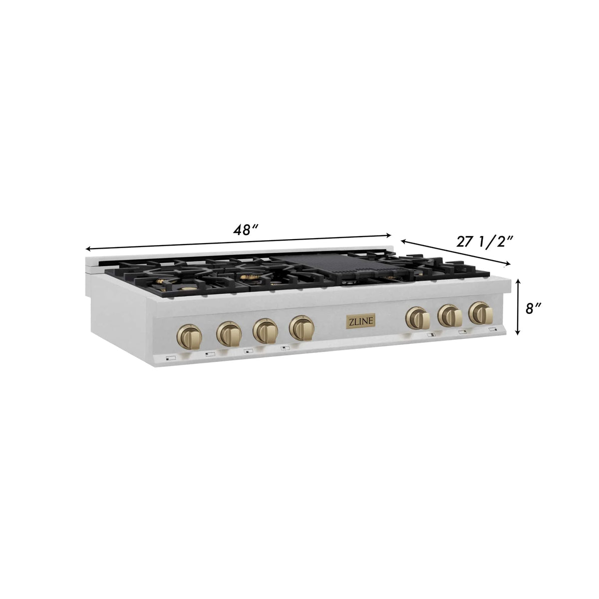 ZLINE Autograph Edition 48" Porcelain Rangetop with 7 Gas Burners in DuraSnow Stainless Steel and Champagne Bronze Accents (RTSZ-48-CB)