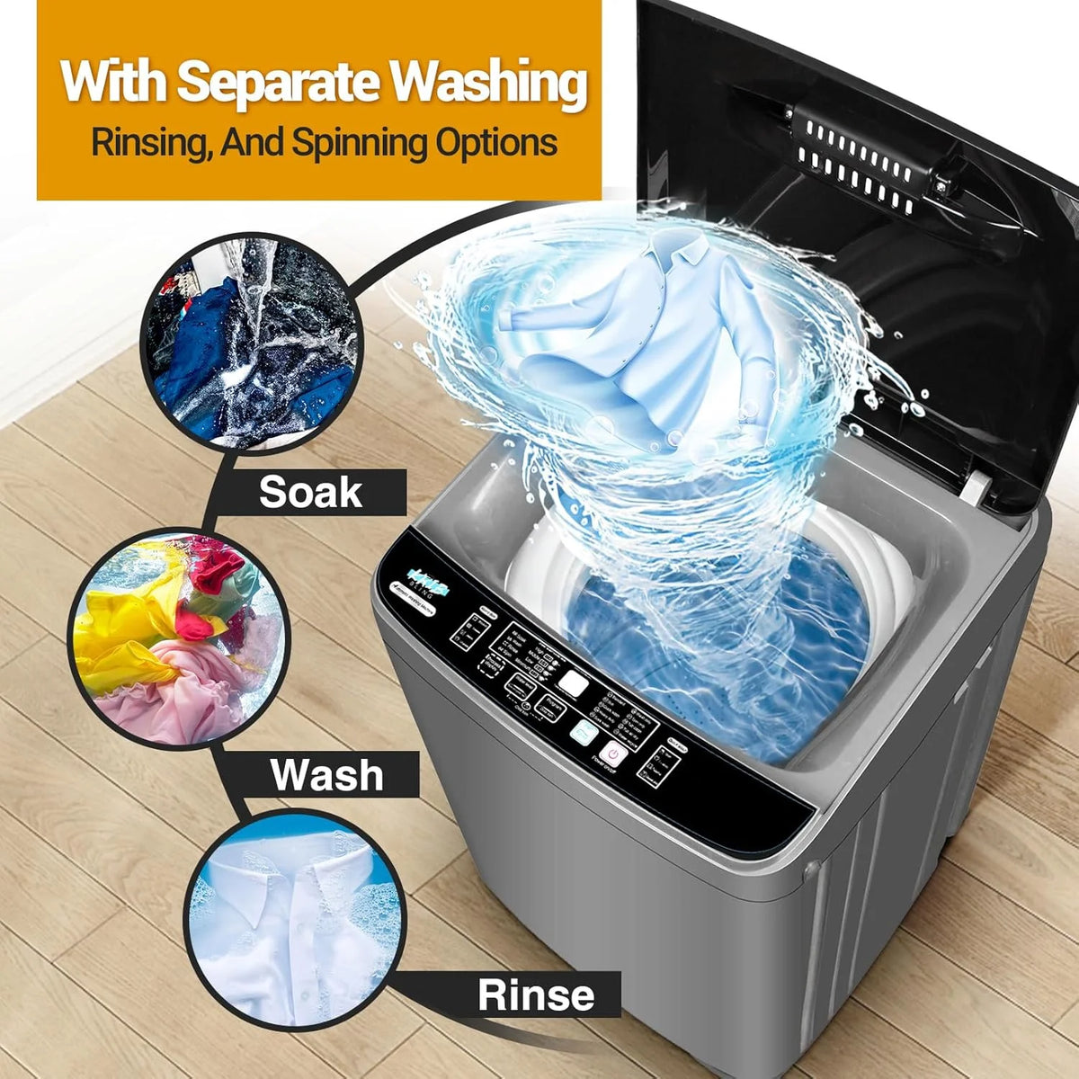 Kcpolre Portable Washing Machine 17.7 lbs Full-Automatic Compact Washer Machine for Apartment, 10 Wash Program Small Portable Washer for Dorm, Apartment, Home, Grey
