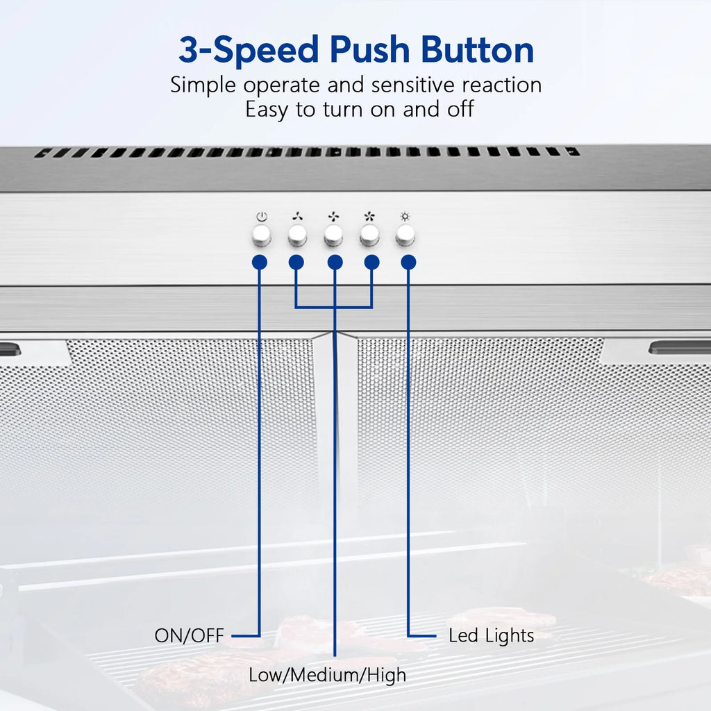 Tylza 30" 600 CFM Stainless Steel Kitchen Under Cabinet Range Hood with 2 x 2W LED Lights and 2 Replacement Charcoal Filter