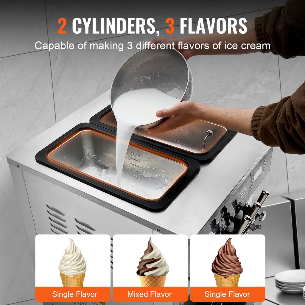 KFFKFF Soft Serve Ice Cream Machine for Commercial Use, 34-44 L/H Production, 3400W, Triple Flavor, Freestanding Design, Dual 9L Stainless Hoppers, LED Control for Single Cylinder