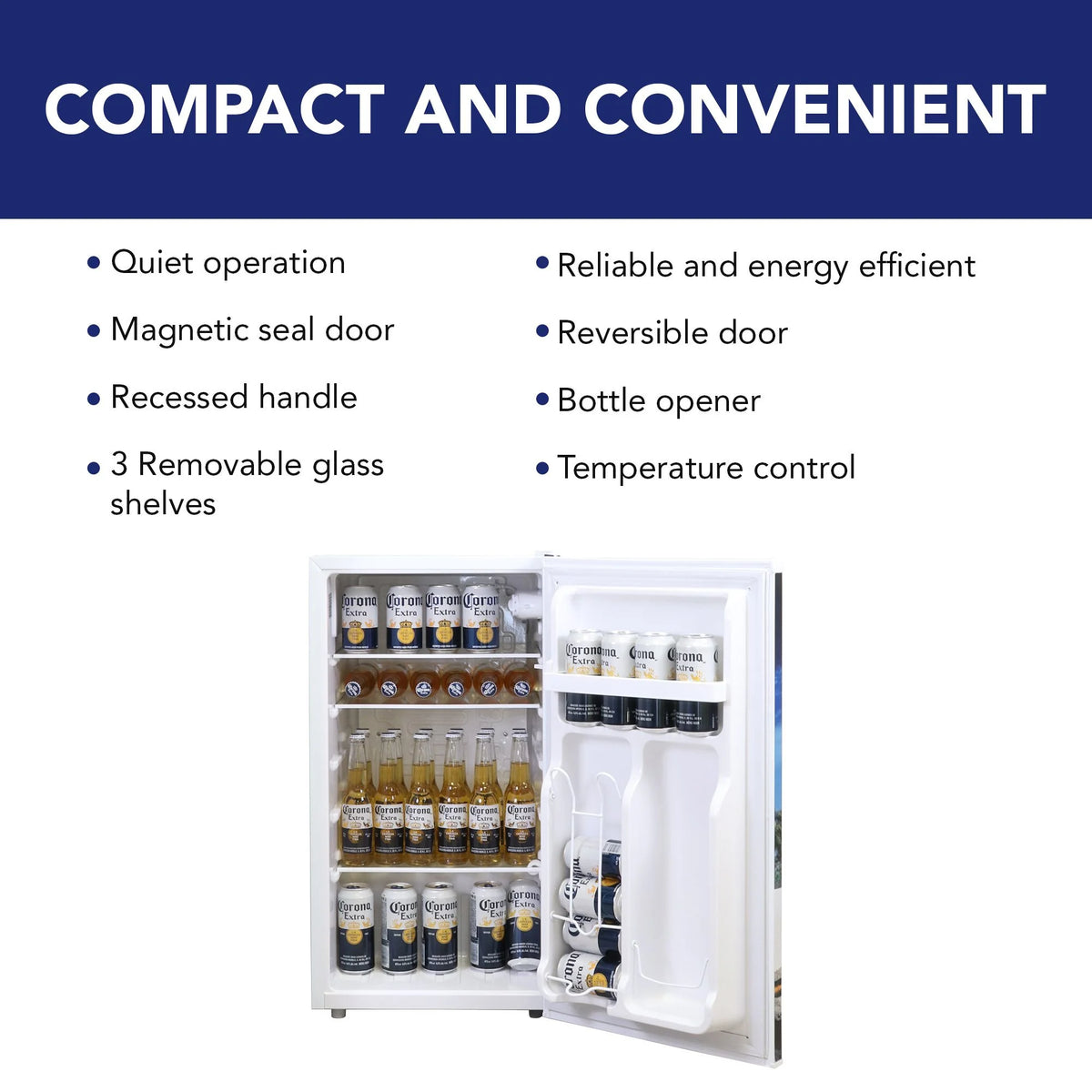 Corona Compact Fridge w/ Bottle Opener, 3.2 cu ft (90L), White