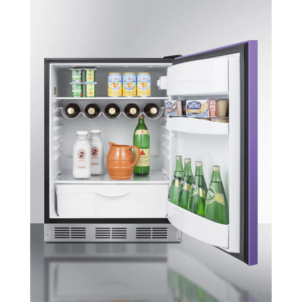 Undercounter 24" all-refrigerator for residential use with lavender purple door, stainless steel handle, and black cabinet