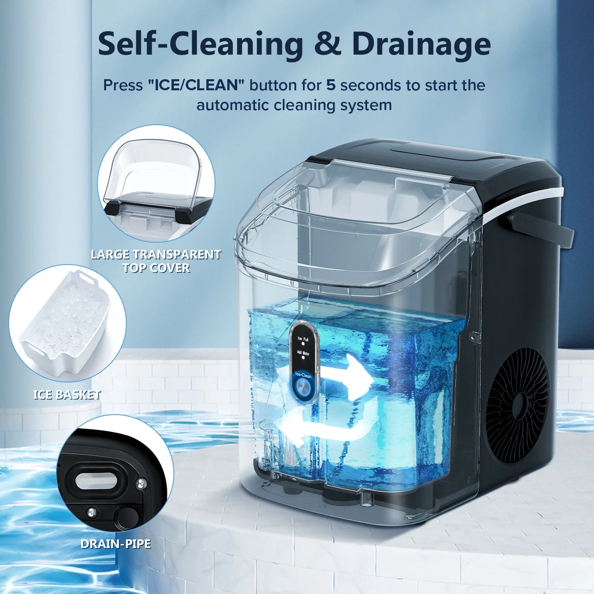 Auseo Nugget Ice Maker Countertop,  Ready in 6 Mins ,35Lbs Each  day with Self-Cleaning,Portable Sonic  Ice Machine  for Home/Office/Bar, Black