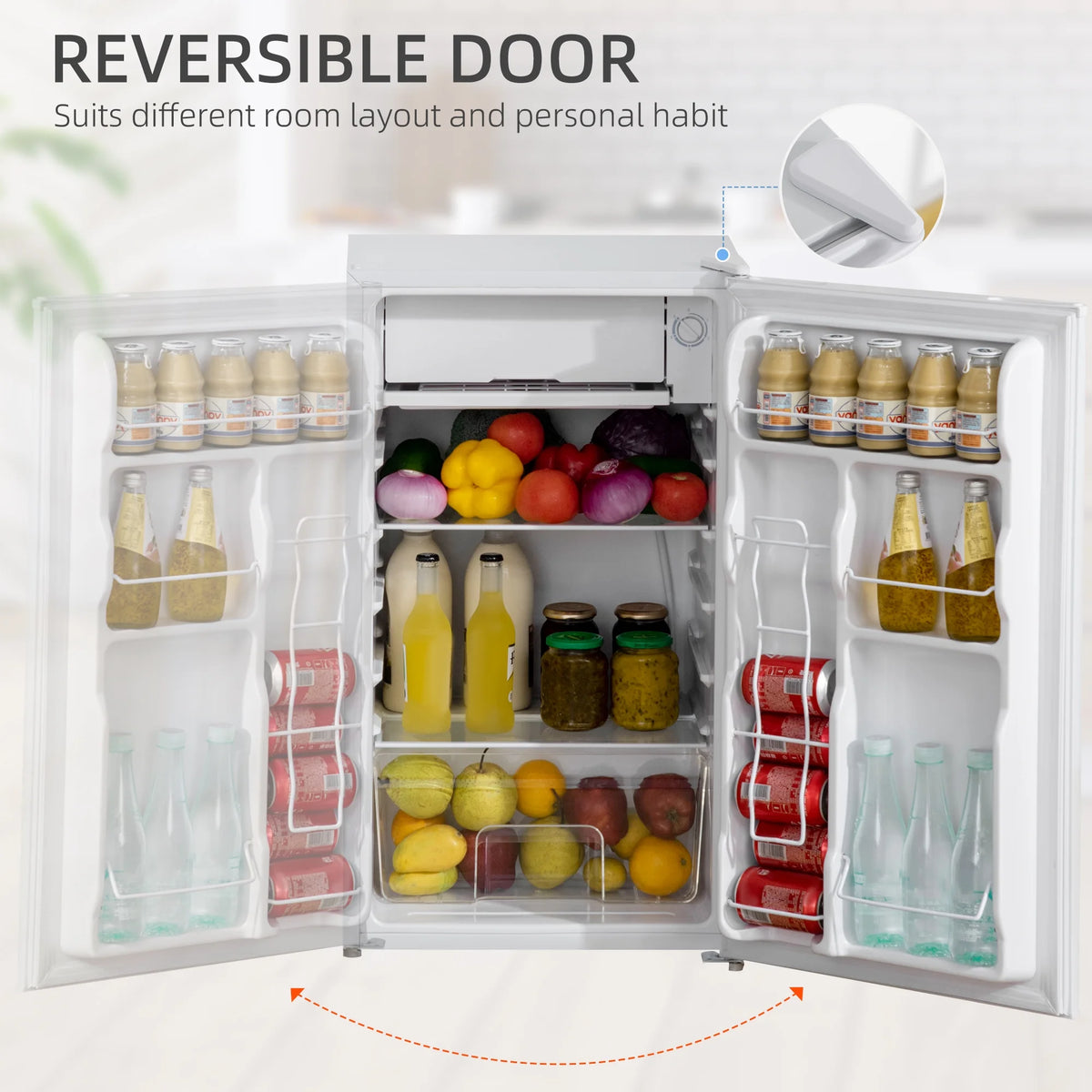 Harper & Bright Designs Double Door Mini Fridge with Freezer, 3.2 Cu.Ft Compact Refrigerator with Adjustable Shelf, Adjustable Thermostat and Reversible Door for Bedroom, Dorm, Home Office, White
