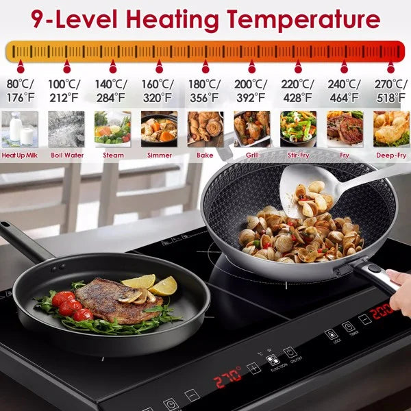 Dual Burner Induction Cooktop, 9 Power/Temperature Levels with Smart Timer, Safety Lock for Simmer/Fry/Boil