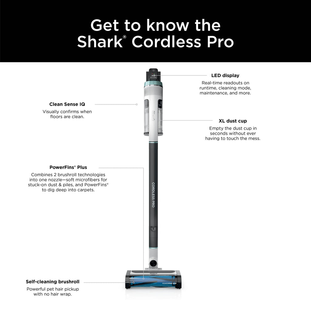 Restored Shark? Cordless Pro Stick Vacuum with Clean Sense IQ Technology, PowerFins PLUS Brushroll, Crevice Tool Included, HEPA Filtration, IZ540H (Refurbished)
