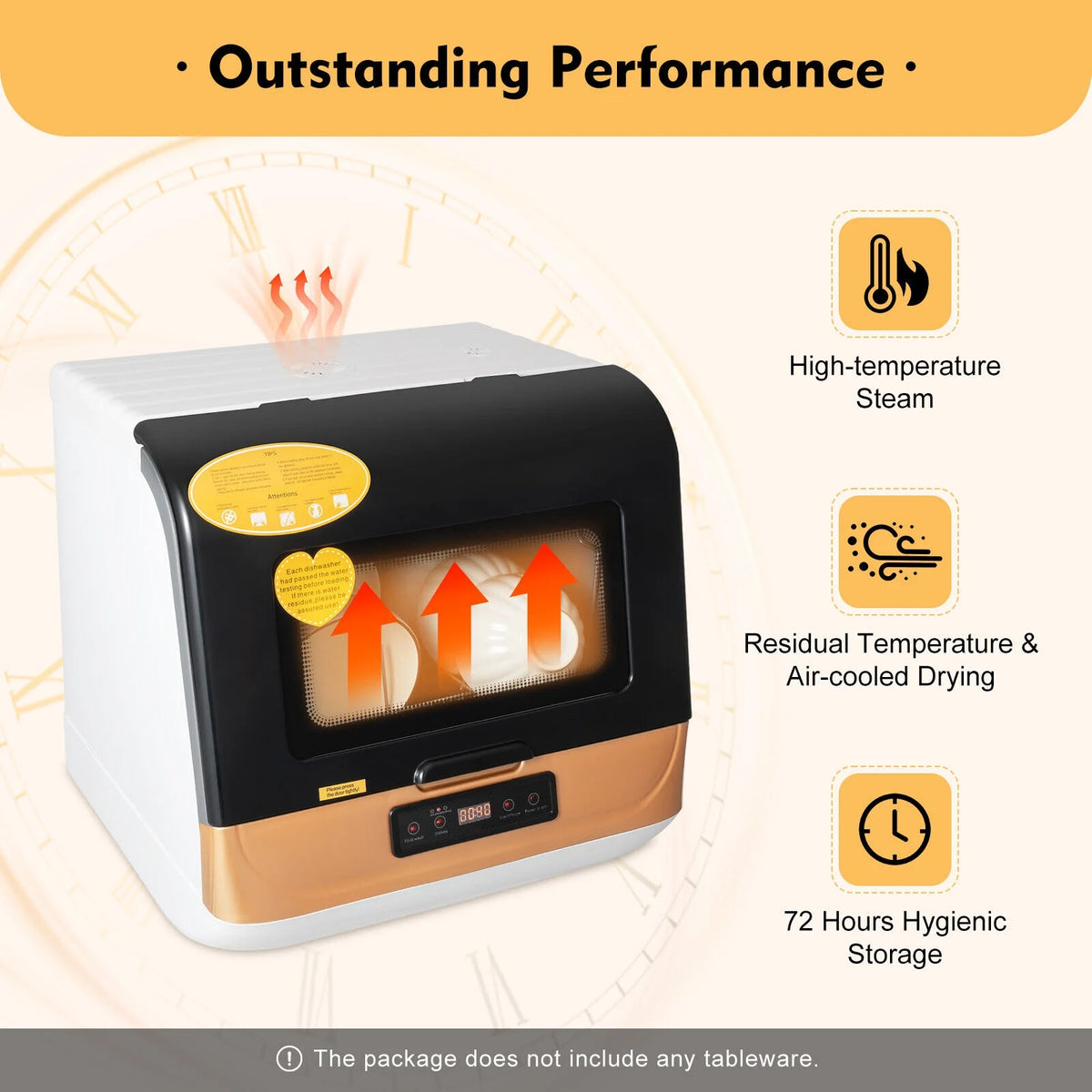 Non-Installation Compact Dishwasher, 4-6 Sets Capacity, 99.9% Sterilization, Black/White/Gold, 800W, for Home Use