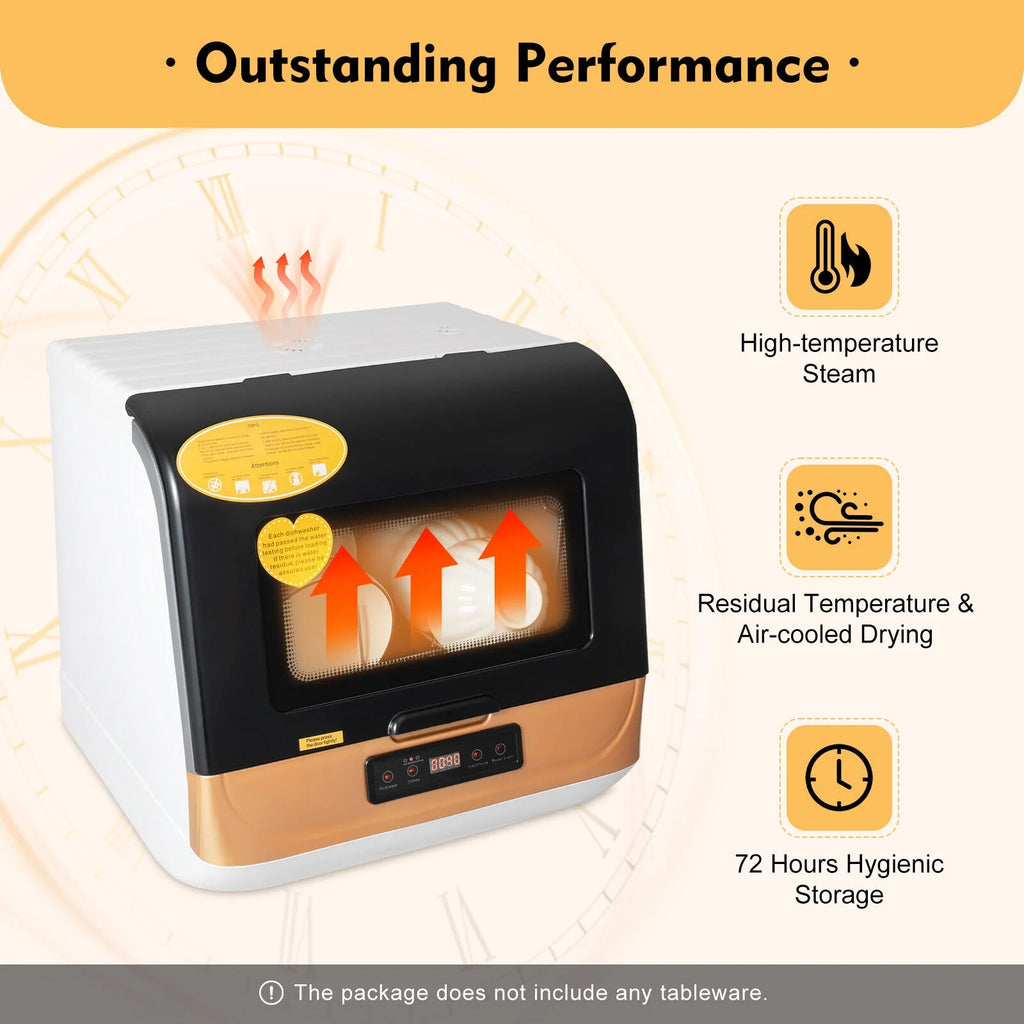 Non-Installation Compact Dishwasher, 4-6 Sets Capacity, 99.9% Sterilization, Black/White/Gold, 800W, for Home Use
