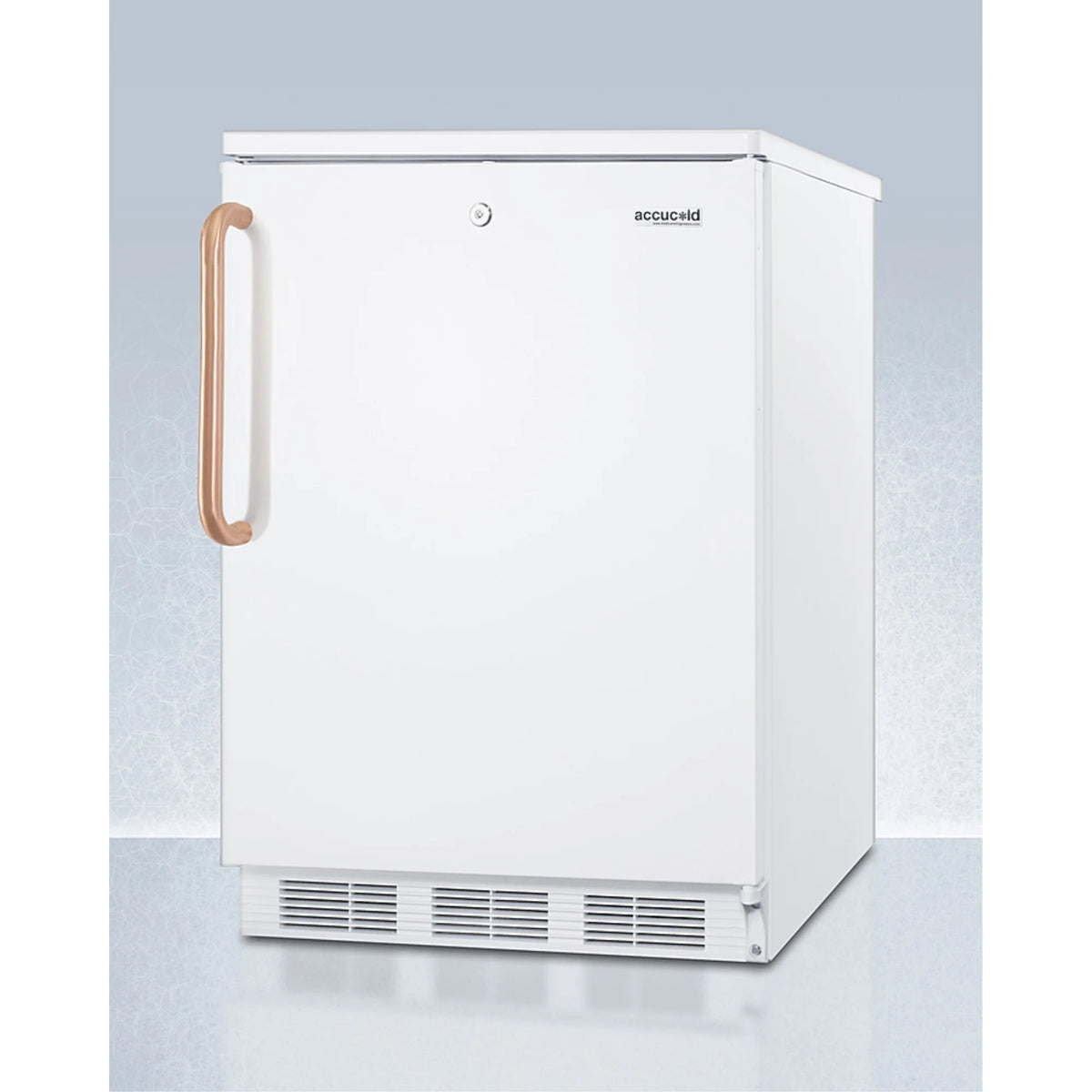 24" wide auto defrost all-refrigerator with lock, digital thermostat, internal fan, door storage, and copper handle
