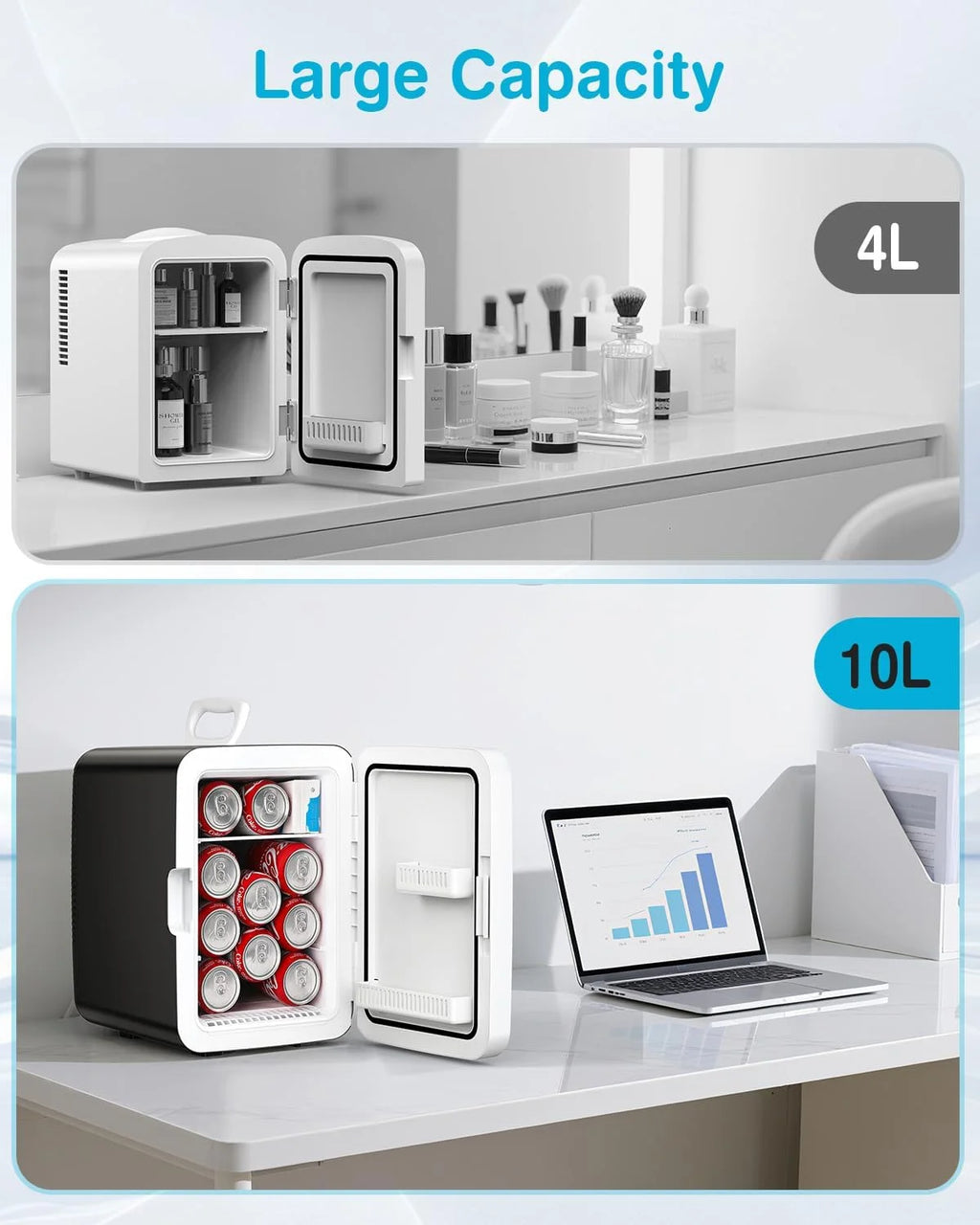 Compact Mini Fridge, 10L Portable Small Refrigerator, 2.6 Gal Mini Fridge with AC/DC Adapters, Small Cosmetics Cooler for Beverage, Food, Makeup, Bedroom, Office, Dorm,