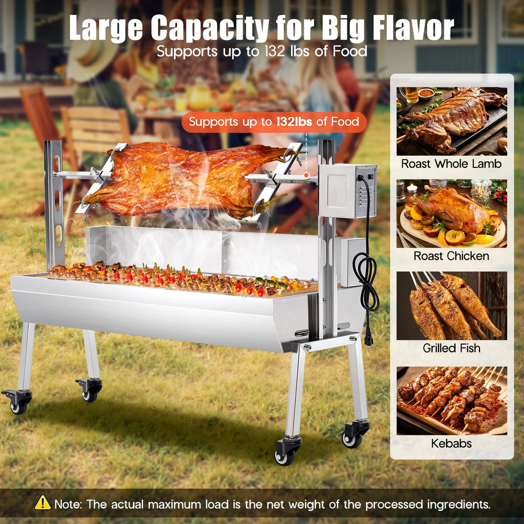 LUXOAK Electric BBQ Rotisserie Grill Kit, 46" 132 Lbs Capacity, 45W Motor, Height-Adjustable Stainless Steel Pig Roaster with Triangular Stability Support Stand for Pig Lamb