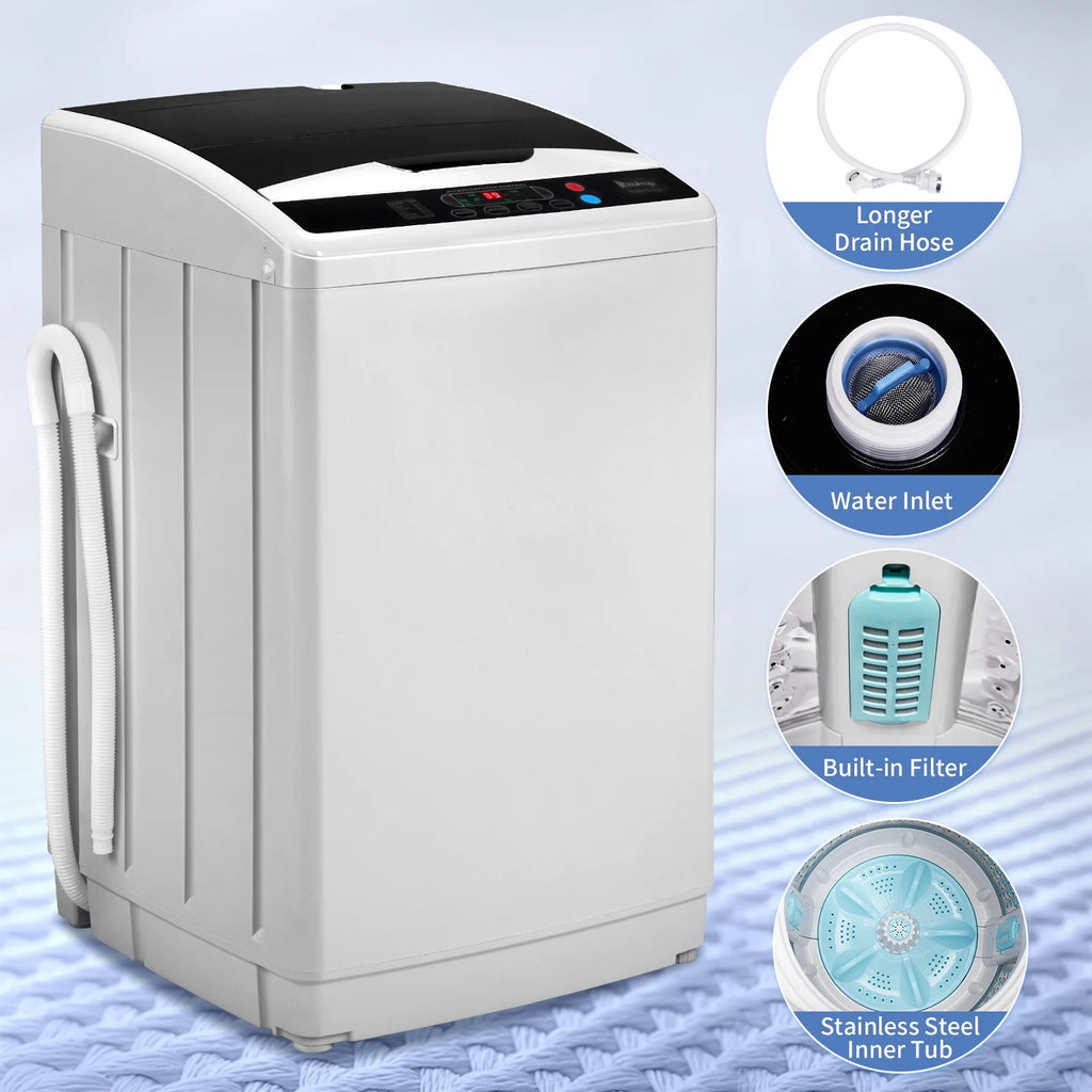 UbesGoo 15.6LBS Portable Washing Machine, Full-Automatic Electric Laundry Machine with Stainless Steel Drum,Compact Washer, Washer and Dryer Combo with Drain Pump for Apartment, Dorms, RV