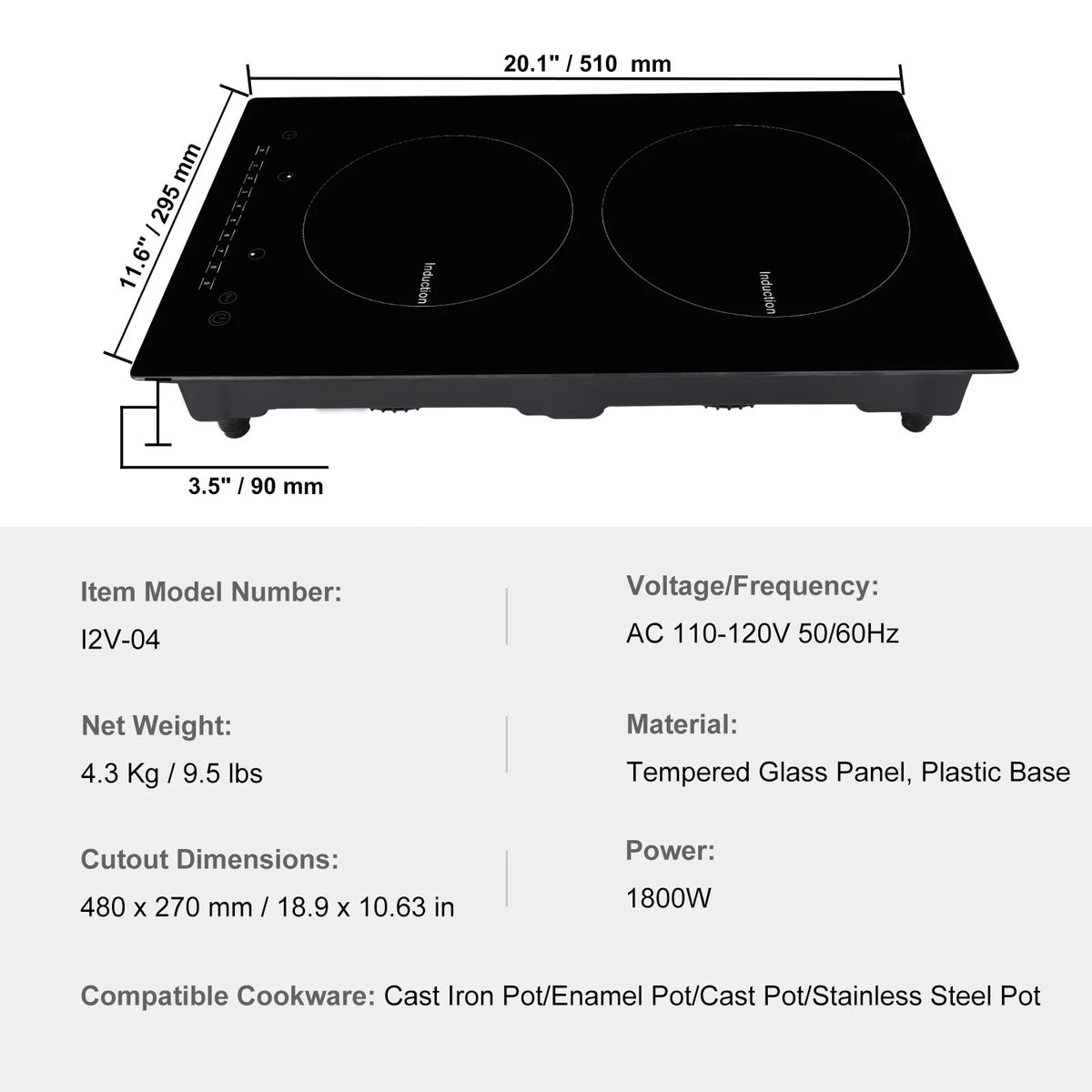 KFFKFF 12" Electric Cooktop, 1800W 2 Burners Ceramic Glass Stove Top Touch Control Built-in Magnetic Cooktop w/ 9 Heating Level Child Lock & Over-Temperature Protection