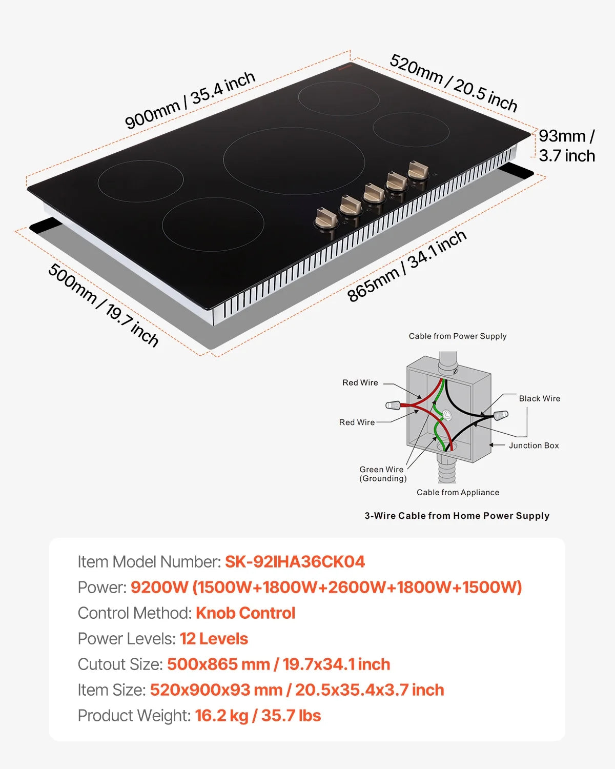 KFFKFF 5 Burner Electric Cooktop, 9200W 36" Ceramic Glass Stove Top Burner, Built In or Countertop, with Control Knobs, 12 Heat Levels, Glass Top, Automatic Power-Off for Indoor Outdoor Cooking