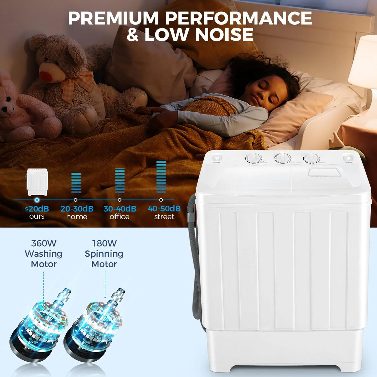 Qhomic Portable Washer 30lbs, 2-in-1 Twin Tub Washer & Dryer Combo Compact Semi-Automatic Washing Machine with Drain Pump, Black