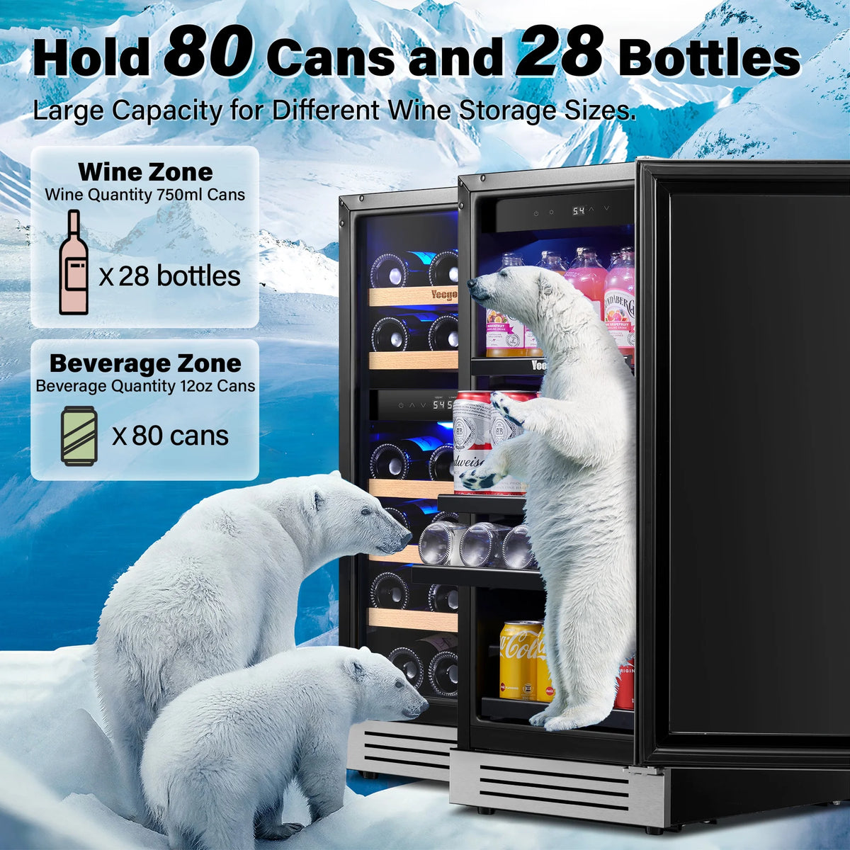 Yeego 30" Wine and Beverage Refrigerator,Two 15" Wine and Beverage Cooler Under Counter or Freestanding, Hold 33 Bottles and 80 Cans(Two Pack)
