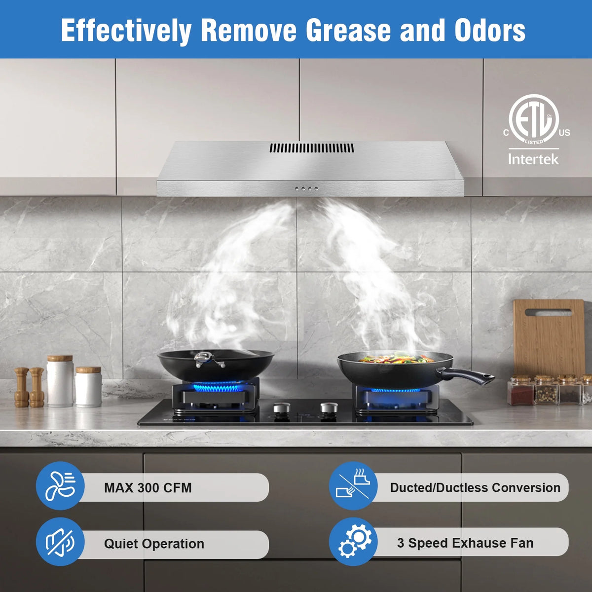 GRACEALL 30 Inch Range Hood Under Cabinet Oven Vent Hood, Ducted/ Ductless Convertible Kitchen Extractor, Stainless Steel Stove Exhaust Fan, Charcoal Filter and Exhaust Pipe Included