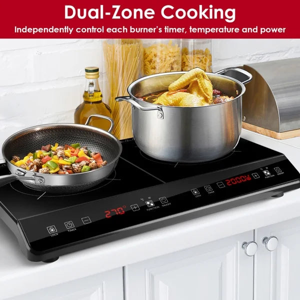 Dual Burner Induction Cooktop, 9 Power/Temperature Levels with Smart Timer, Safety Lock for Simmer/Fry/Boil