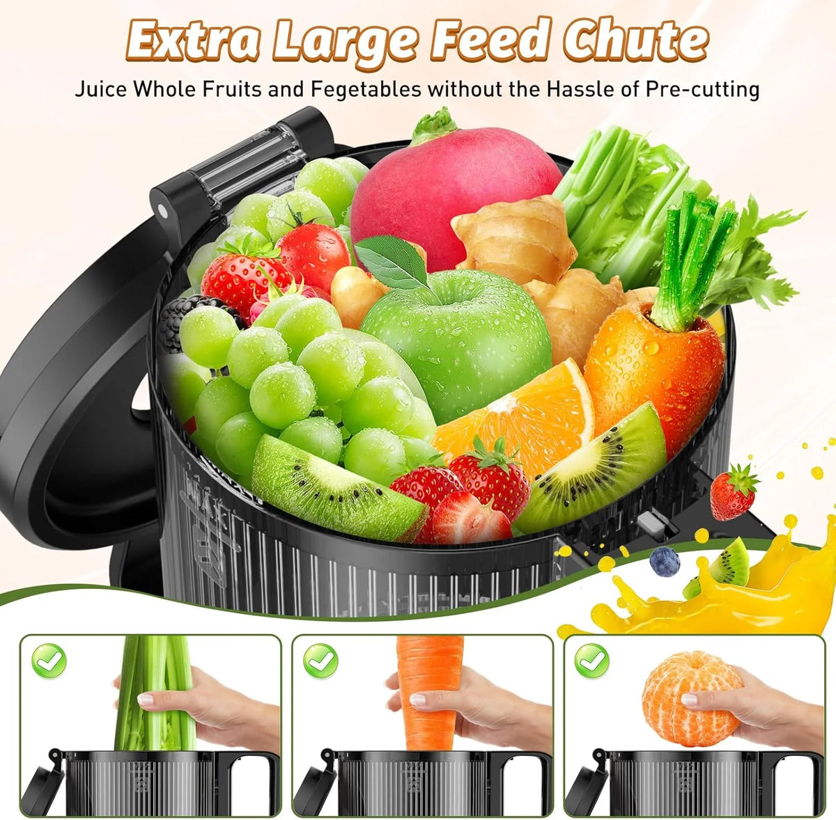 YPONE Cold Press Juicer, Masticating Juicer with 5.4" Wide Feed Chute, 350w Slow Juicer Machines Fit Whole Vegetables and Fruits,Juice Extractor Machine with High Juice Yield, Easy to Clean(Black)