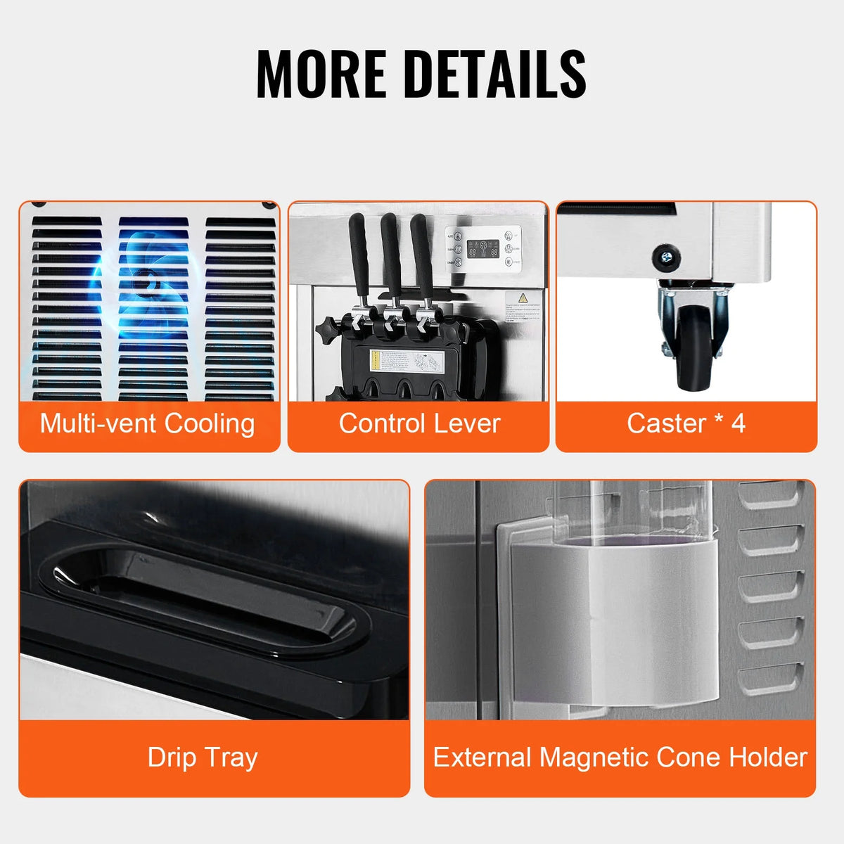 KFFKFF Commercial Soft Ice Cream Machine 21-31 L/H Output 3-Flavor  LED Display Auto Clean 4.3L/1.1GAL Hopper ,1.7L/0.45gal Cylinder