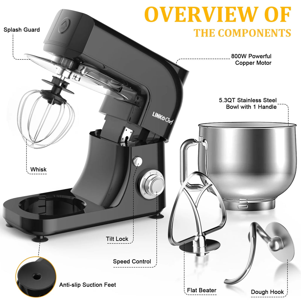 LINKChef Stand Mixer, 5.3QT 800W 6+P Speeds with Whisk, Dough Hook and Beater (White)