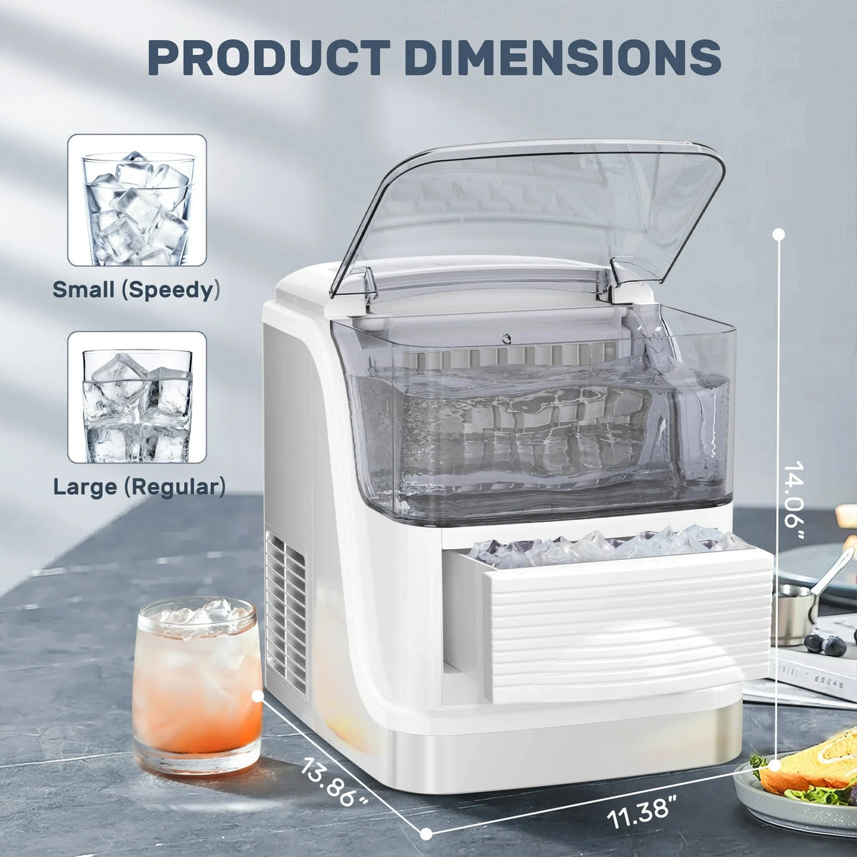 Auseo Cubic Ice Maker Machine, 2 Ice Size, 33 Lbs/Day, 24 Pcs Ice Cube Per Cycle, Large Ice Cube Storage Capacity, Adjustable Ice Thickness for Home/Office/Dorm, Silver
