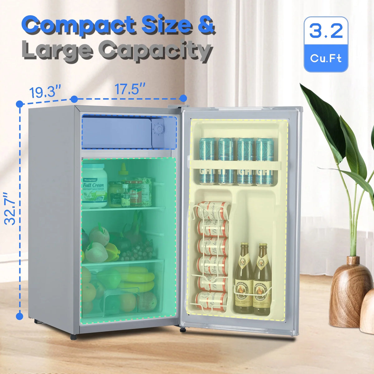 EastVita 3.2 Cu.Ft Mini Fridge with Freezer, Compact Refrigerator with 7 Level Adjustable Thermostat, Crisper Drawer & Glass Shelves, Small Fridge for Home
